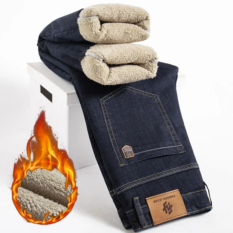 الخريف الشتاء الرجال سميكة الجينز الدافئة الذكور سليم صالح مستقيم الساق الأعمال اليومية الدنيم السراويل موضة الرجال الصوف بنطلون