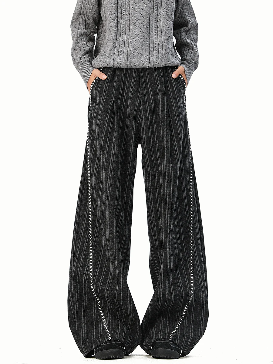 

Мужские повседневные брюки в полоску с широкими штанинами, осенние, в винтажном стиле, универсальные, для поездок на работу, длинные, удобные, свободного кроя, из полиэстера