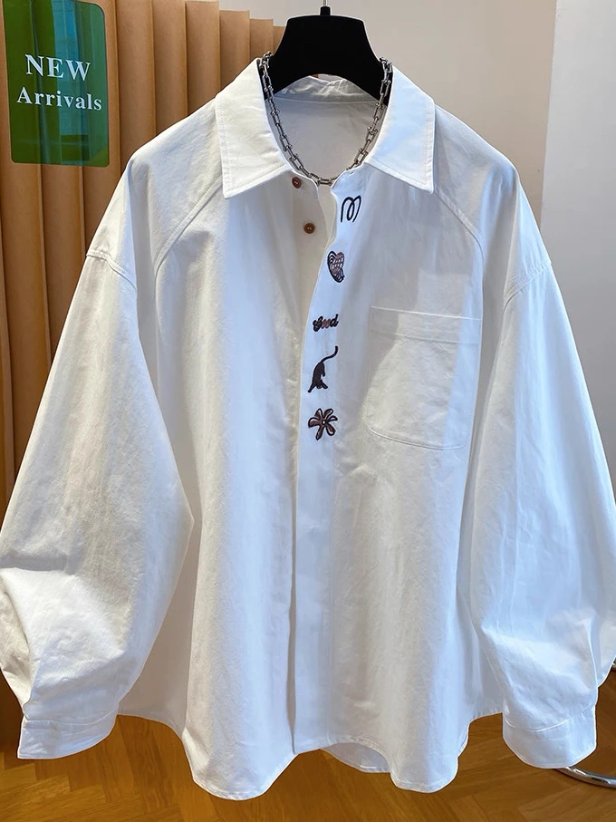 

plus Size Women's White Shirt Spring Summer Thin Loose Embroidered Lazy Style Sun Protection Top Large Size Fashion Korean Style