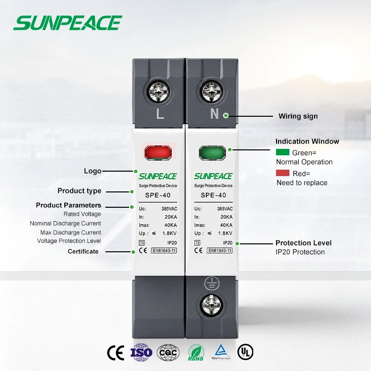 Sunpeace 20KA 40kA Din Rail AC SPD 2P 275v 385v House Surge Protector Protection Protective Low-voltage Arrester Device