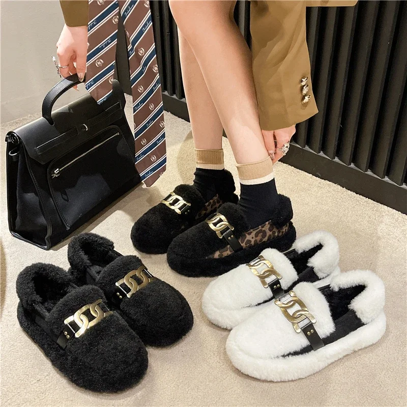 

Luxury Sheep Fur Lined Loafers Women Lambswool Shoes Ladies Winter Slip on Furry Flats Cotton Wool Mocasine Femme Barefoot Boots