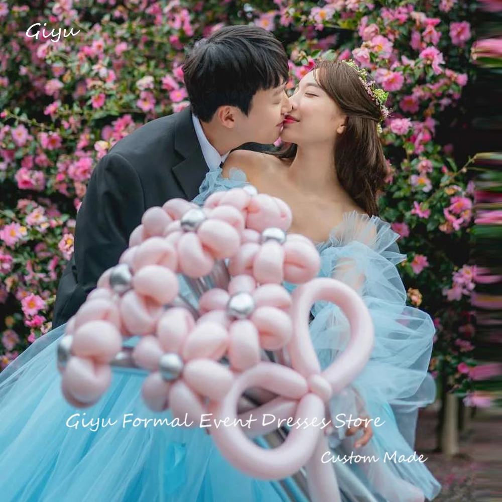 

Giyu Fairy Sky Blue Tulle Evening Dresses Korea Wedding Photoshoot Puff Long Sleeves Corset Back Floor Length Prom Dress