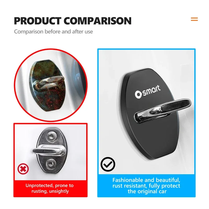 For Smart 4Pcs Car Door Lock Covers Auto Decorative Accessories Fortwo Forfour 453 451 452 450 454 Roadster Forjerem