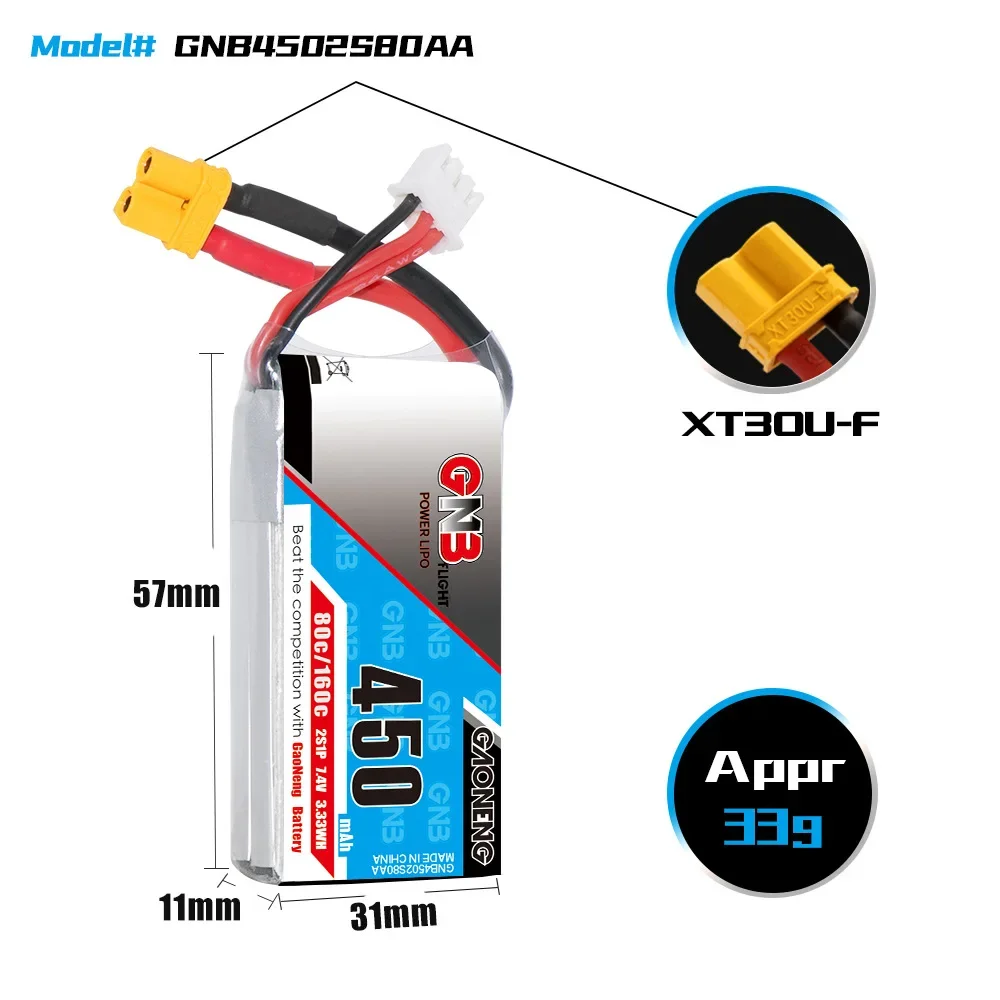 10PCS 450mAh 2S 7.4V 80C LiPo Battery with XT30 Plug for Helicopter Quadcopter FPV Drone Parts Rechargeable Battery