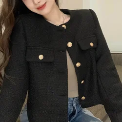 Women Autumn Winter Korean New O-Neck Cardigan Commuting Small Fragrance Tops Solid Button Spliced Versatile Long Sleeve Coat