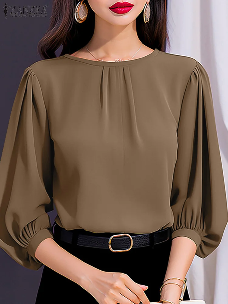 ZANZEA-camisas elegantes para trabajo de oficina, blusa de verano para mujer, Blusas informales de manga 3/4 con cuello redondo, Tops de trabajo OL lisos, camisa femenina