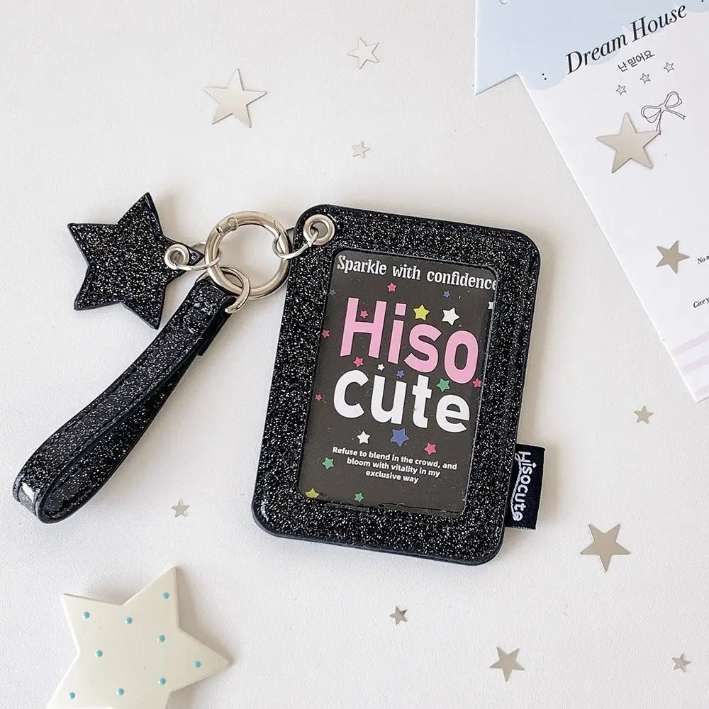 Glitter PU Photocard Holder with Wrist Strap Shiny Star Charm Photocard Case Double Layer Decoration Card Sleeve Student ID