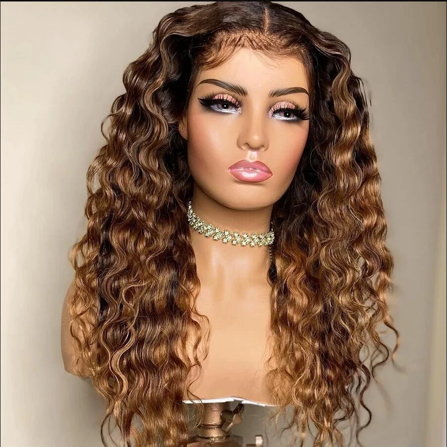 Perruque Lace Front Wig synthétique bouclée 26 pouces, cheveux longs, pre-plucked, ombré, blond, brun, doux, densité 180, Deep Wave, pour femmes noires