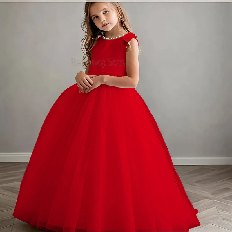 Robe de demoiselle d'honneur de couleur ivoire, tulle à longues manches, appliques de dentelle pour enfants, occasion formelle, robe de mariée de princesse de luxe, bio poke, élégante