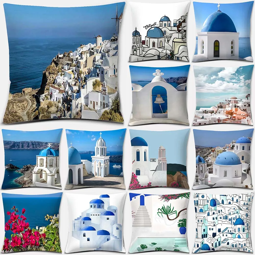 45 * 45cm Greek Santorini series printed pattern square pillow cushion cover home living room sofa decoration