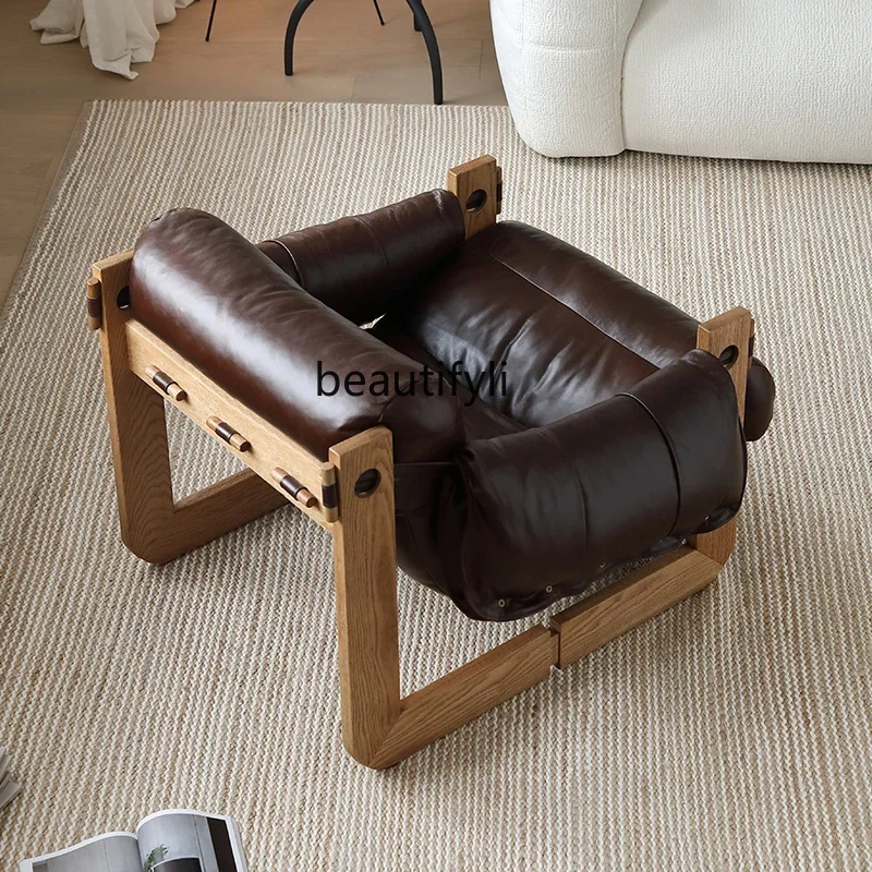 Leisure chair French medieval retro style living room reading chair solid wood leather single sofa chair