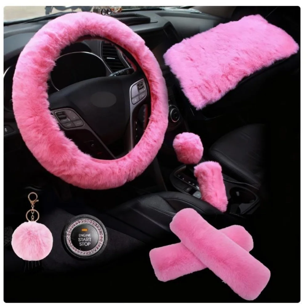 8pcs Car Steering Wheel Cover Set 38cm Plush Interior Decoration Warm And Soft Handbrake Covers Car Interior Accessories
