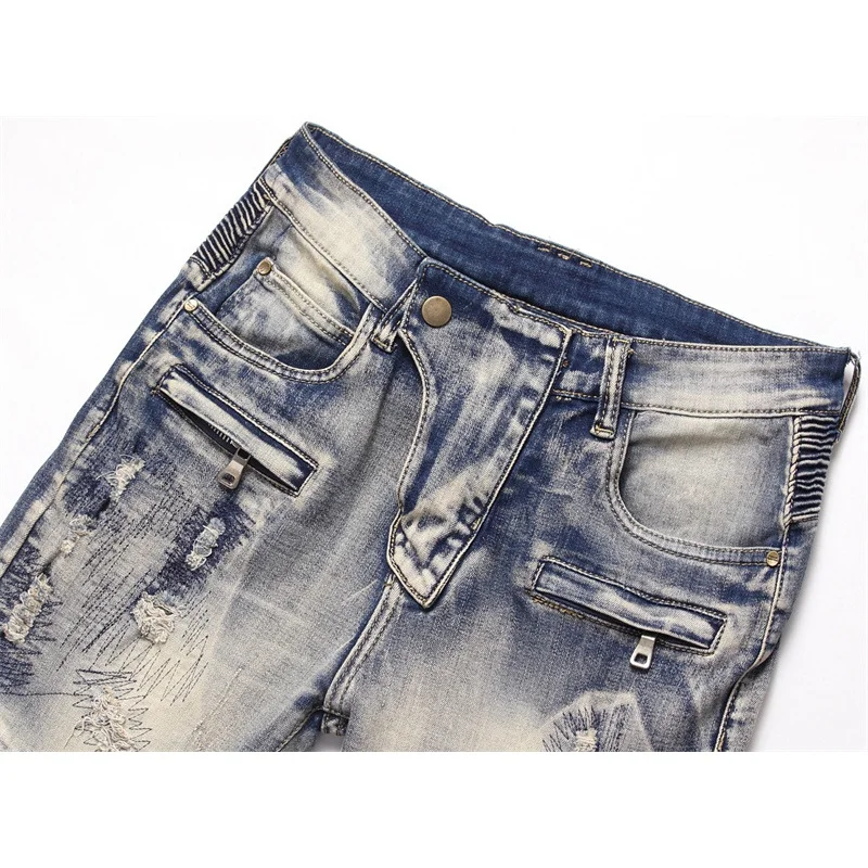 Pleated Vintage Motorcycle Jeans Men's Scratch Stitching Zipper Pocket Fashion Trendy Street Washed Distressed Trousers