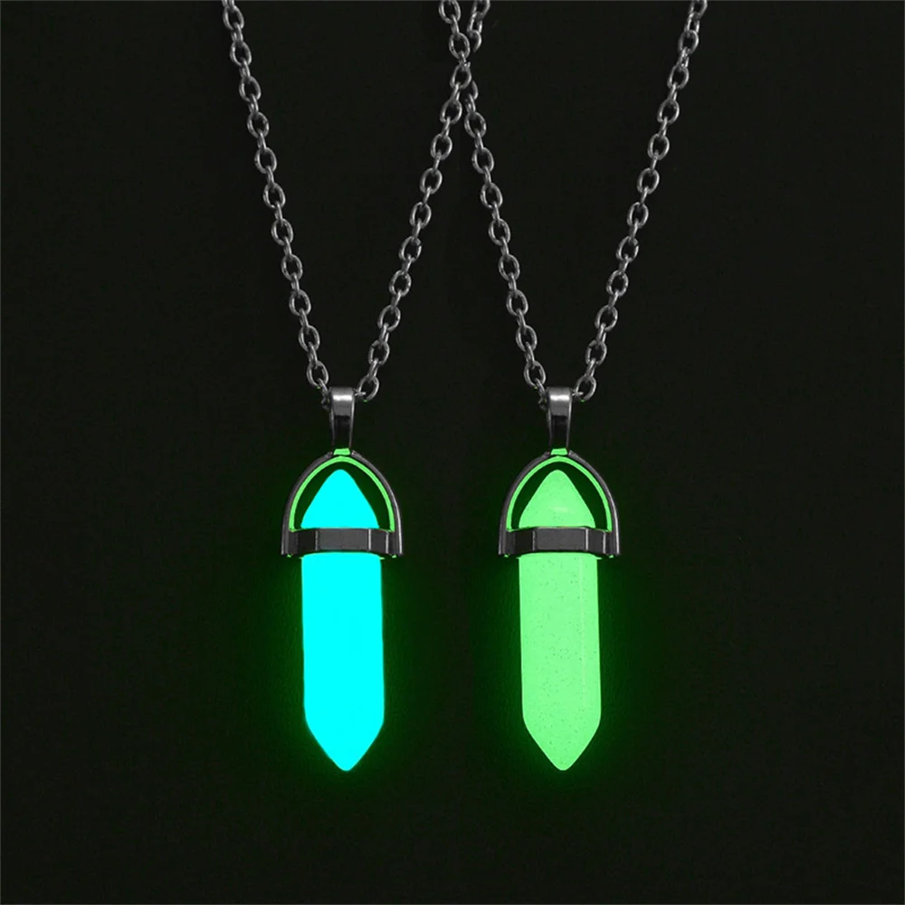 2PCS Luminous Hexagonal Column Couple Magnetic Necklace for Women Romantic Natural Stone Geometric Pendant Necklace Jewelry Gift