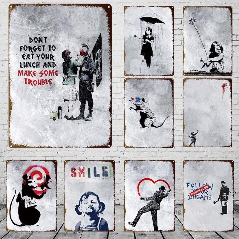 Banksy Graffiti Art Metal Tin Sign Poster Street Wall Painting Love Little Boy Poster Living Room Corridor Bar Home Decoration