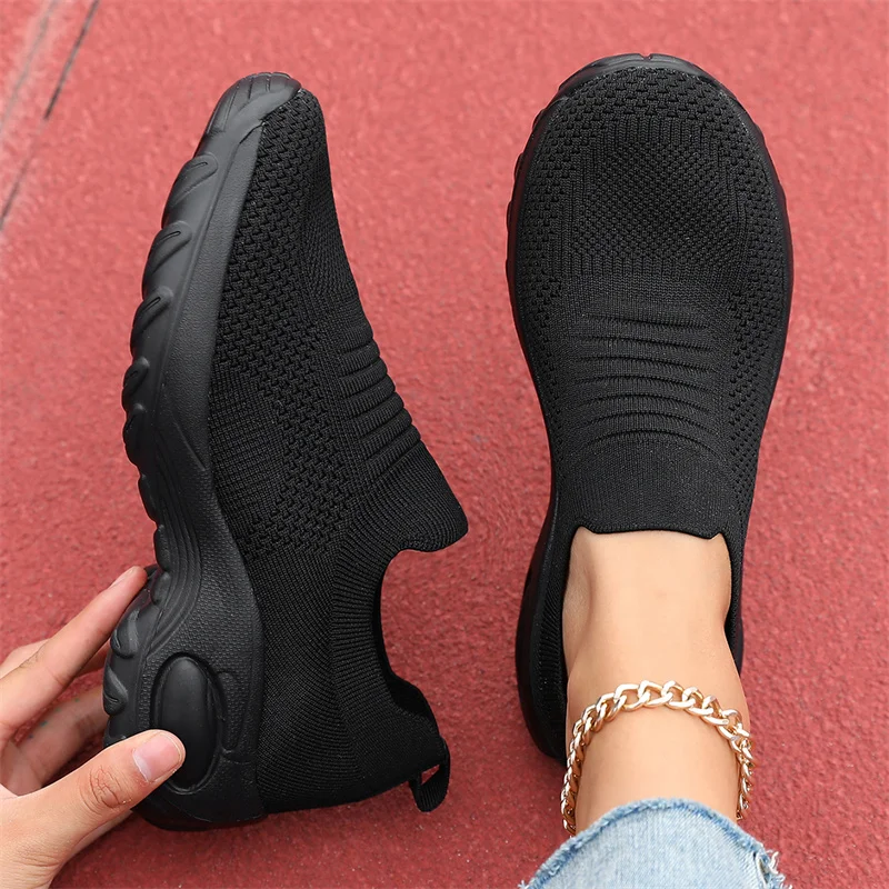 New large size ladies fashion flying woven casual shoes comfortable sports shoes thick sole anti-slip wear sports shoes