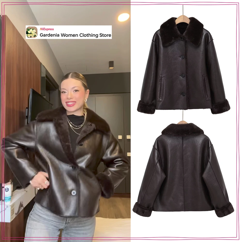

Stylish Women Reversible Double Faced Faux Leather Jacket Winter Brown Outwear with Combination Faux Fur and Double Welt Pockets