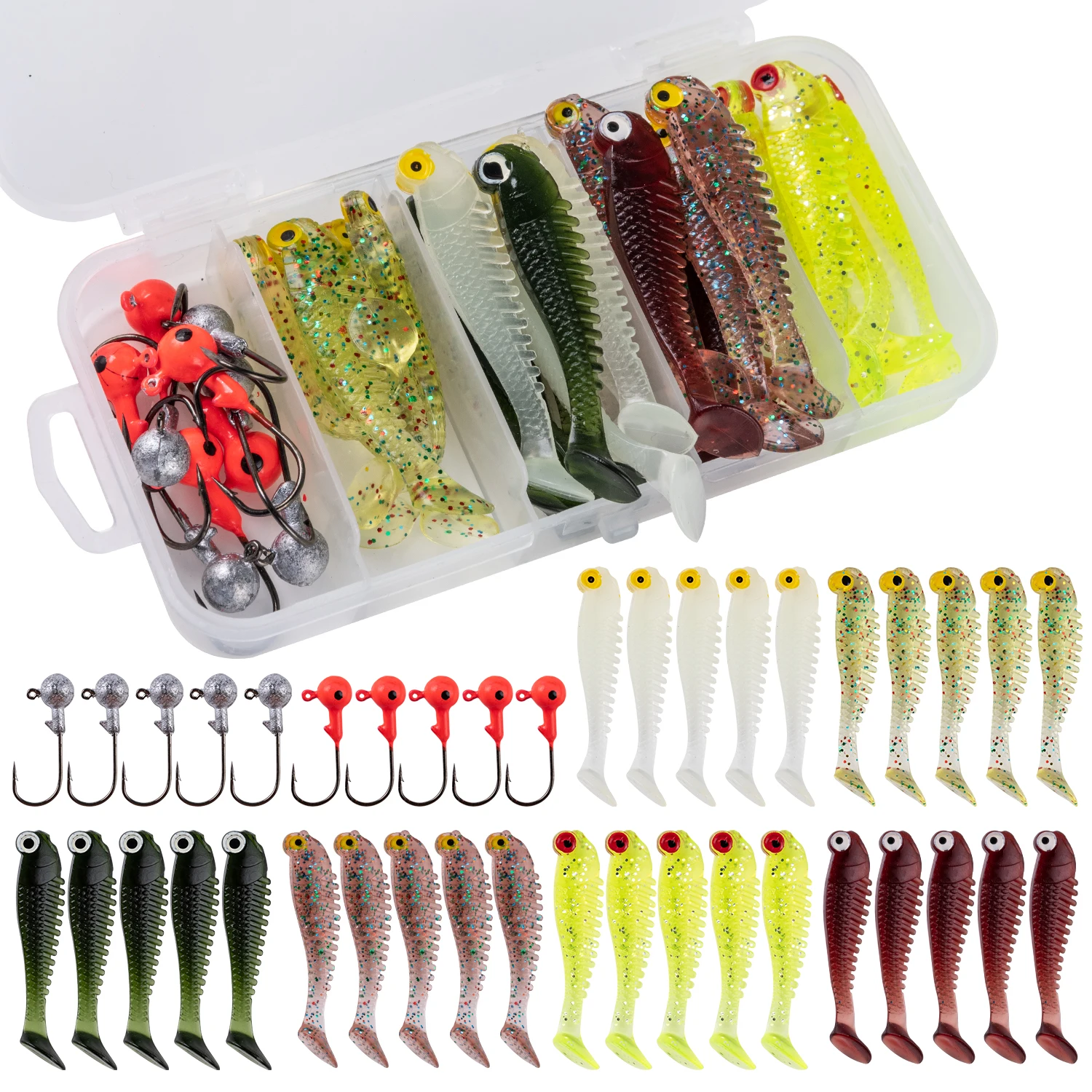 

Goture Soft Lure Kit 40pcs Silicone Lure Set 5cm 0.7g Jig Hook 3.2cm 3.5g Fishing Hooks with Fishing Tackle Box Soft Bait