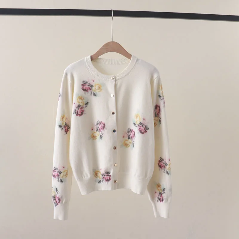 Winter New Full-Body Colorful Flower Print round Neck Breasted Long Sleeve Knitted Cardigan All-Matching Slimming Sweater Coat