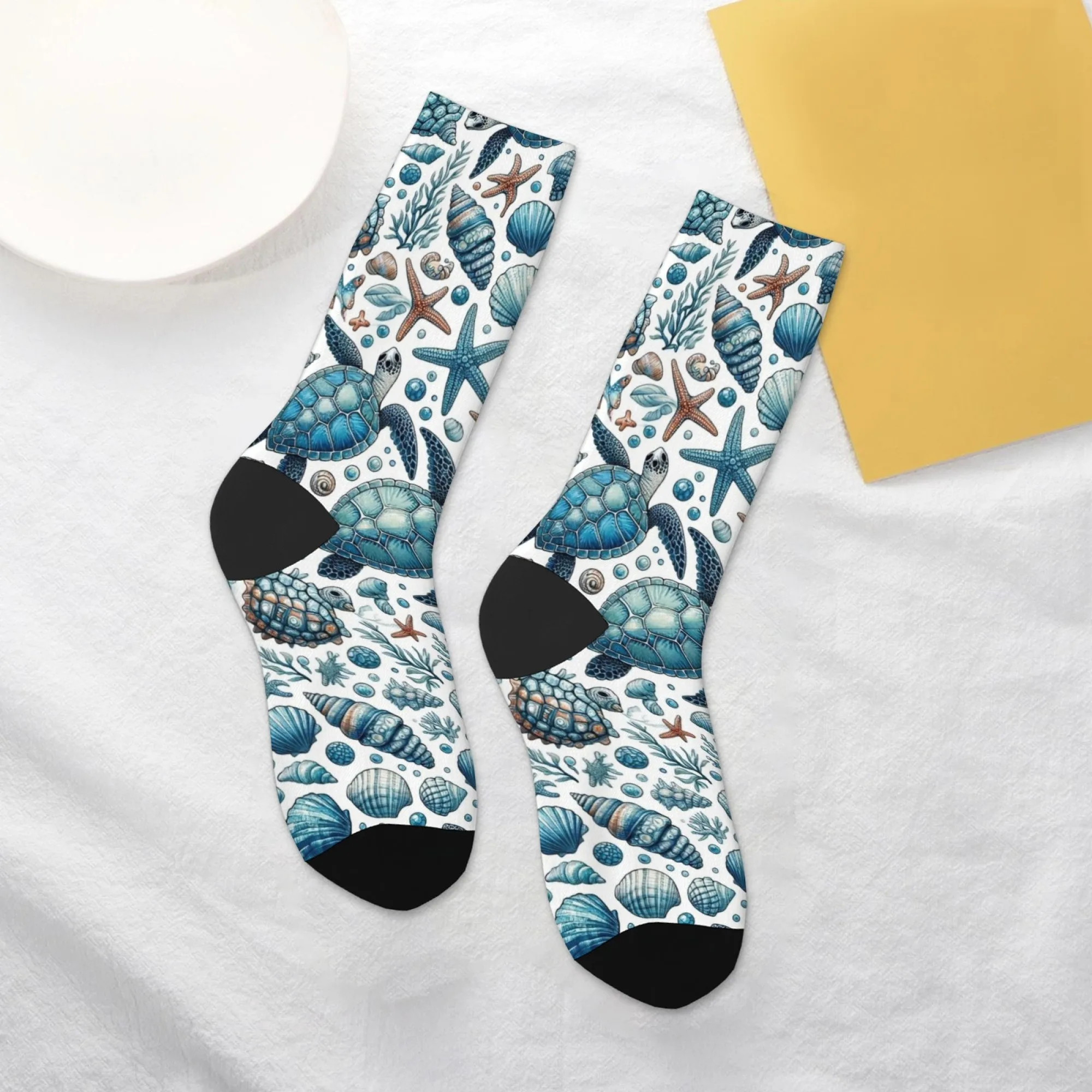 

1 пара мужских носков с изображением океанской черепахи и ракушки, мягкие удобные повседневные носки с художественным принтом для повседневного ношения и любителей природы, уникальный острый