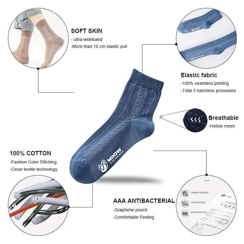 MiiOW 5 Pairs Men\'s Soft Cotton Socks Black Business Casual Men Deodorant Crew Socks Antibacterial Breathable Male Mid Tub Socks