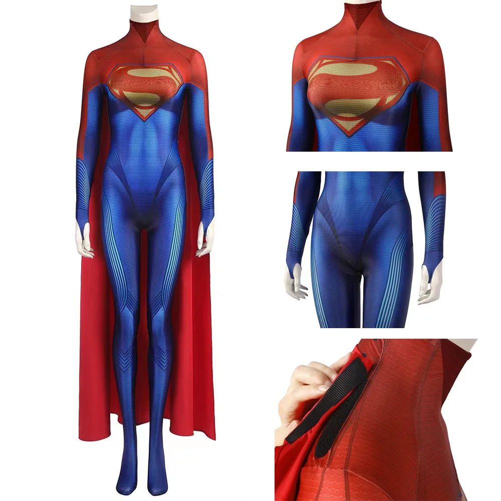 New Movie Super Girl Cosplay Costume Halloween Sexy 3D Printing Spandex Zentai Skin-Tight  Garment And Red Cape