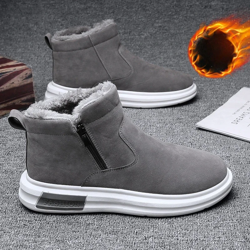 Men Platform Ankel Boots Casual Plush Men Winter Fashion Slip-on Cotton-Padded  Shoes Outdoor Antislip Warm Plush Snow Boots