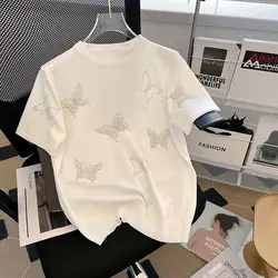 Knitted T Shirt for Women Summer Korean Fashion Short Sleeve Tops Embroidery Diamond Luxury Designer Oversized Women Clothing