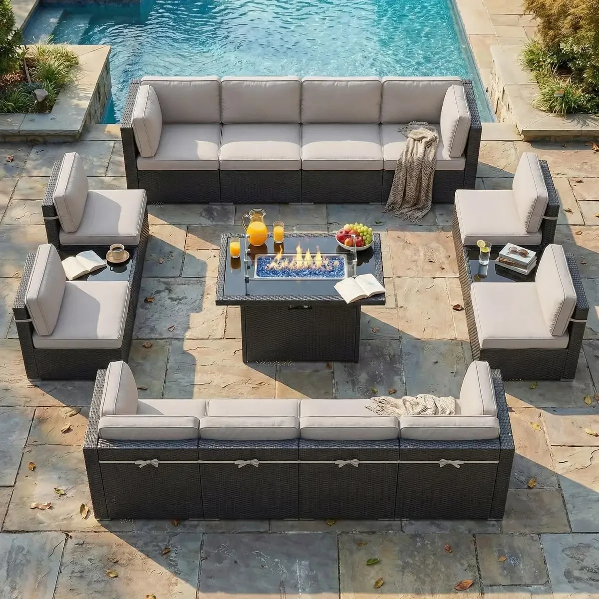 Outdoor Wicker Rattan Sectional Sofa Conversation Fire Pit Table Set 15 Piece