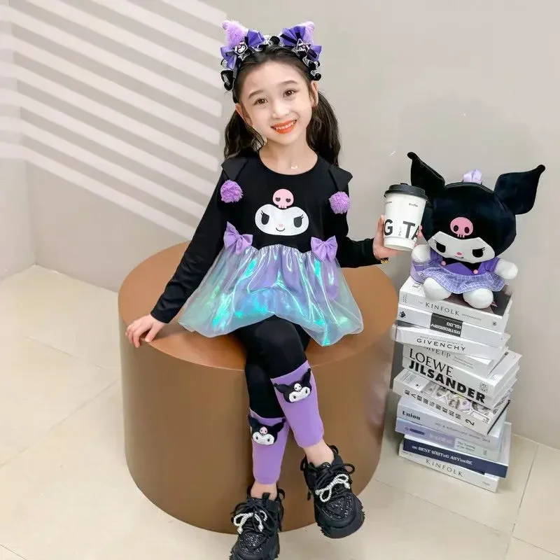 

2pcs Autumn Kuromi Anime Sanrio Children Long Sleeve Pants Set Clothing Cute Kawaii Cartoon Princess Hooded Skirt Gifts for Kids