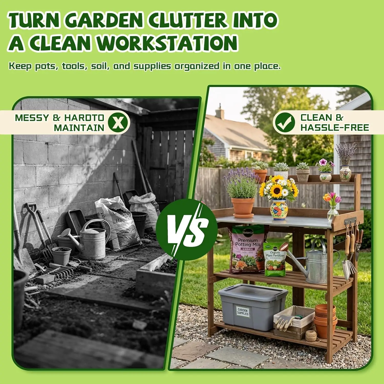 Wooden Outdoor Potting Bench with Metal Tabletop