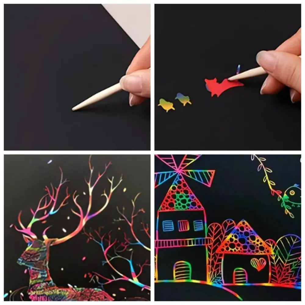 Set Kartu Kertas Seni Goresan Pelangi Kreatif Stensil Grafiti Warna-warni DIY Papan Gambar Mainan Kit Kartu Goresan Doodle Pendidikan