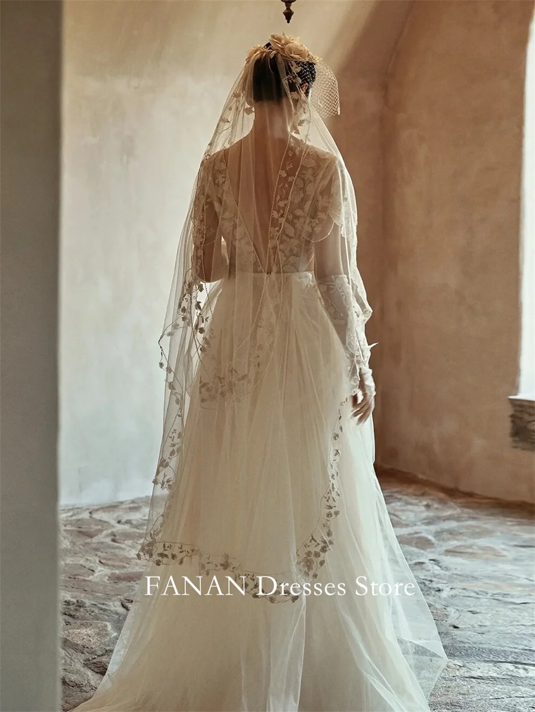 FANAN Korea V-Neck Vintage Wedding Dresses 웨딩드레스 A-Line Cap Sleeves Tulle Applique Classic Custom Made Bride Gowns Plus Size