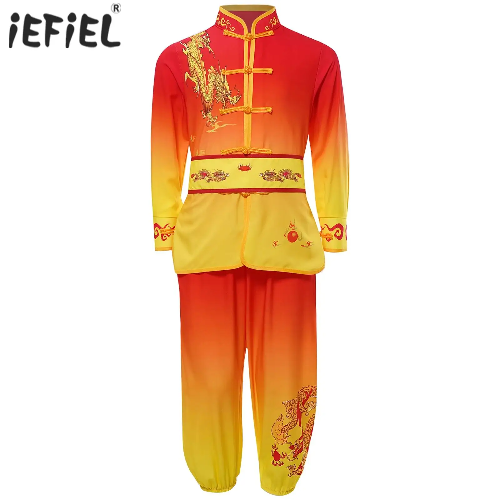 Kids Boys Girls Chinese Kung Fu Suit Dragon Print Martial Arts Performance Costume Long Sleeve Knot Buttons Tops with Pants Belt