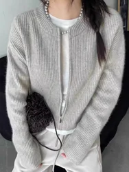 Fashion double zipper short pure cashmere knit cardigan women's crewneck small sweater loose wool coat