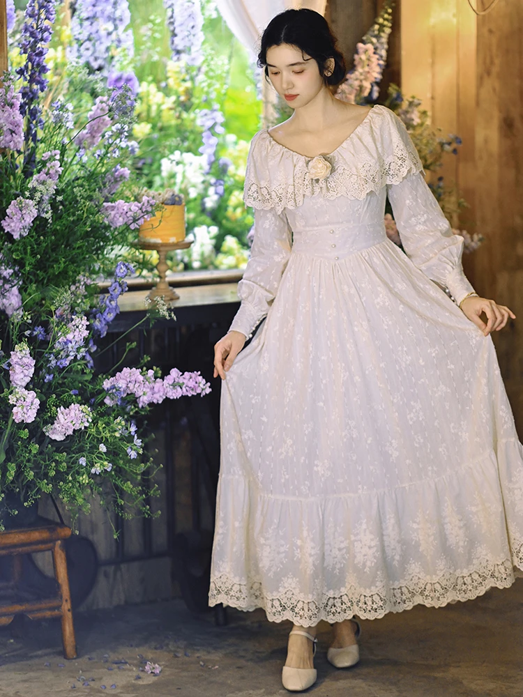 AIGYPTOS Spring Fall Maxi Dresses For Women Victoria Vintage Elegant Slim Sexy Lace V-Neck Embroidery Long Dress Wedding Dress