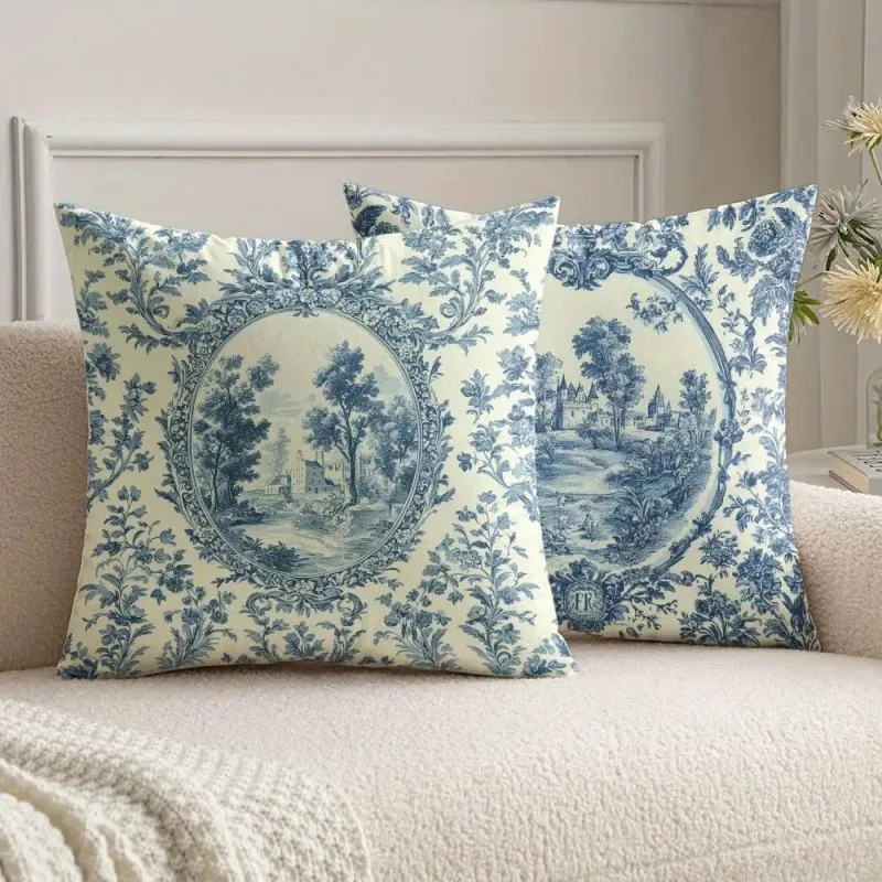 

2PCS French Toile Pillow Covers Featuring a Blue And White Castle And Foliage Equipped with a Zipper Closure for Home Decor