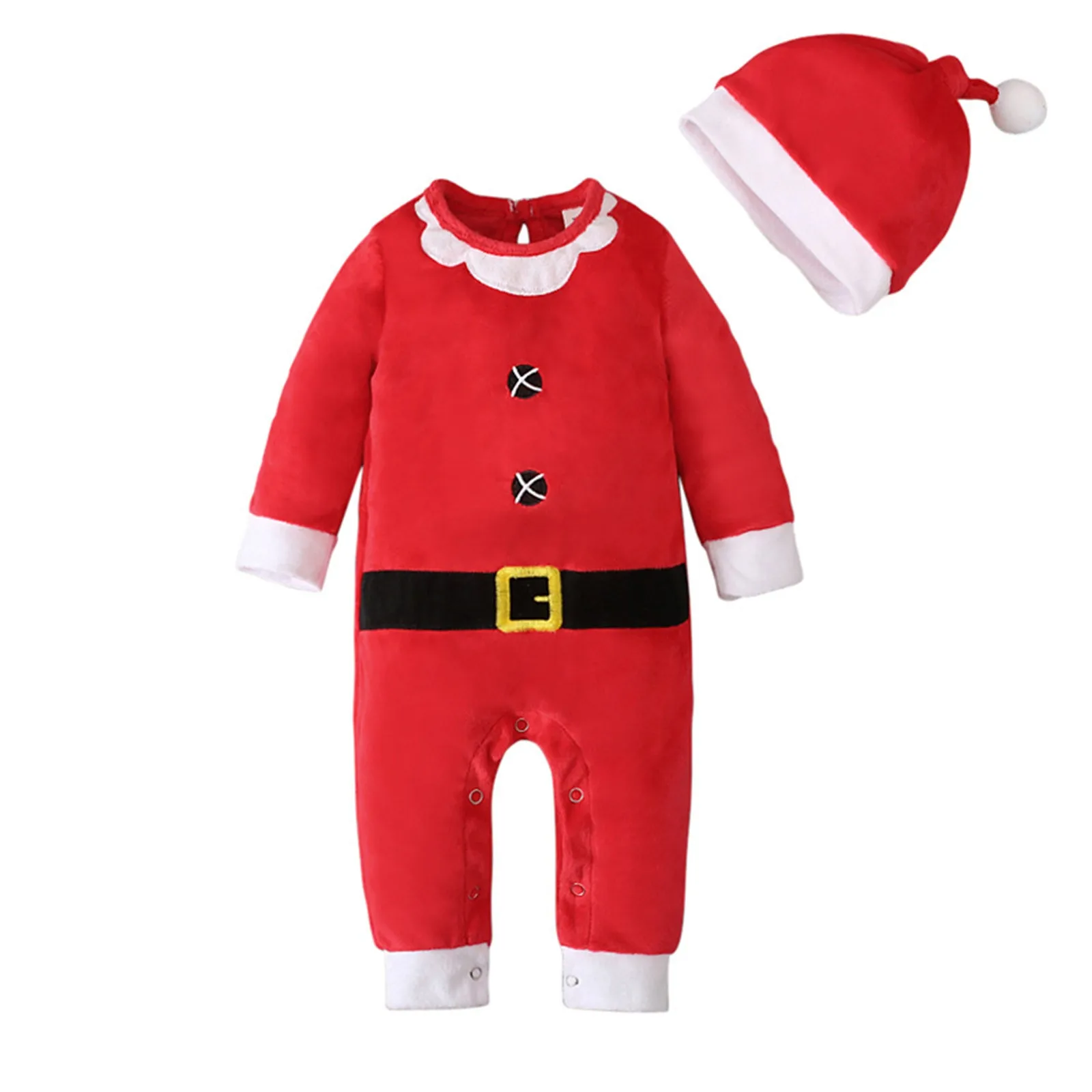 Baby Xmas Christmas Outfits Boys Girls Red Santa Claus Jumpsuit Fleece Romper Hat 2pcs Set Kids My First Christmas Baby Costume