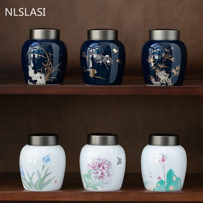 High-end Blue Ceramics Tea Jar Travel Portable Tea Boxes Tieguanyin Sealed Storage Tank Coffee Dried Fruit Powder Canister