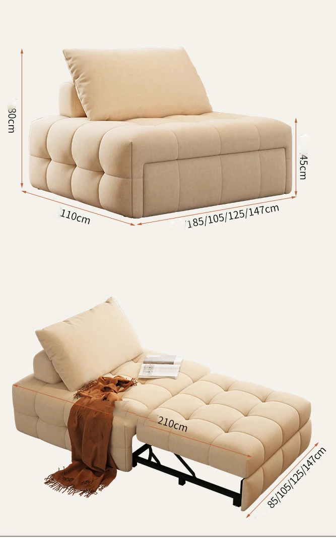 Cream Puff Style Fabric Sofa Multifunctional Single Extra Long Sofa Bed. view 6