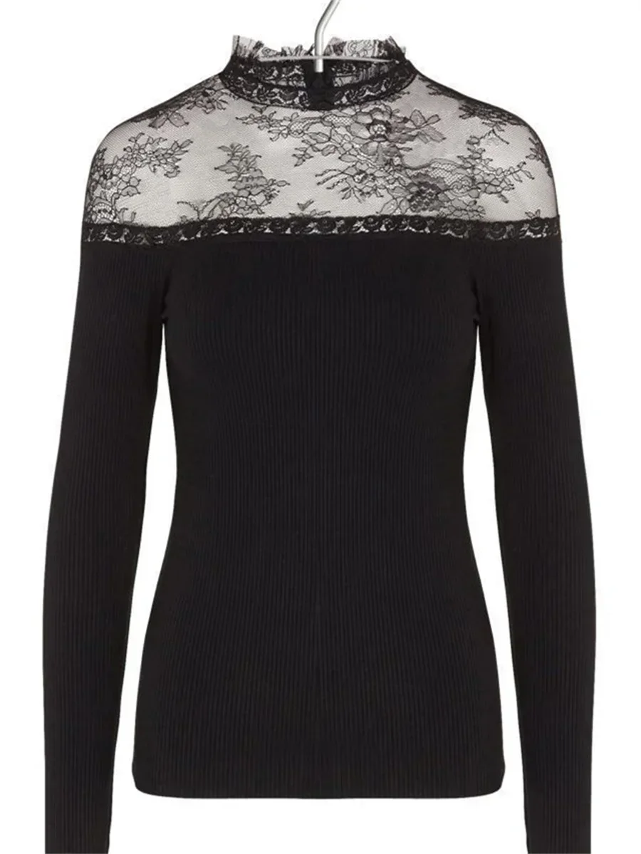 Clearance Price Women Black Sweater Long Sleeve Lace Splice Slim Pullover Top