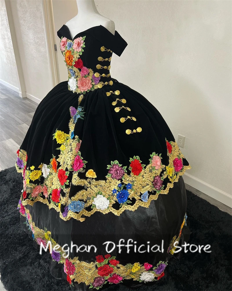 Mexico Black Off Shoulder Quinceanera Dress 2025 Applique Prom Dress Puffy Ruffle Tiered Bow Evening Gown Sweet 16 15 Customized image 2