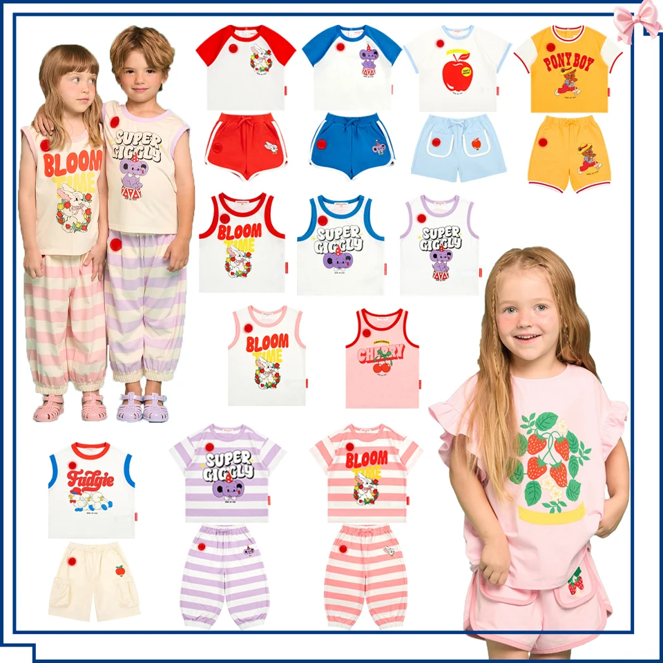 

2026 Korean BE Girls Rabbit Print T-shirts Shorts Summer Boys Cotton Cute Tee Vest Kid Casual T Shirts Tops Children Clothes Set