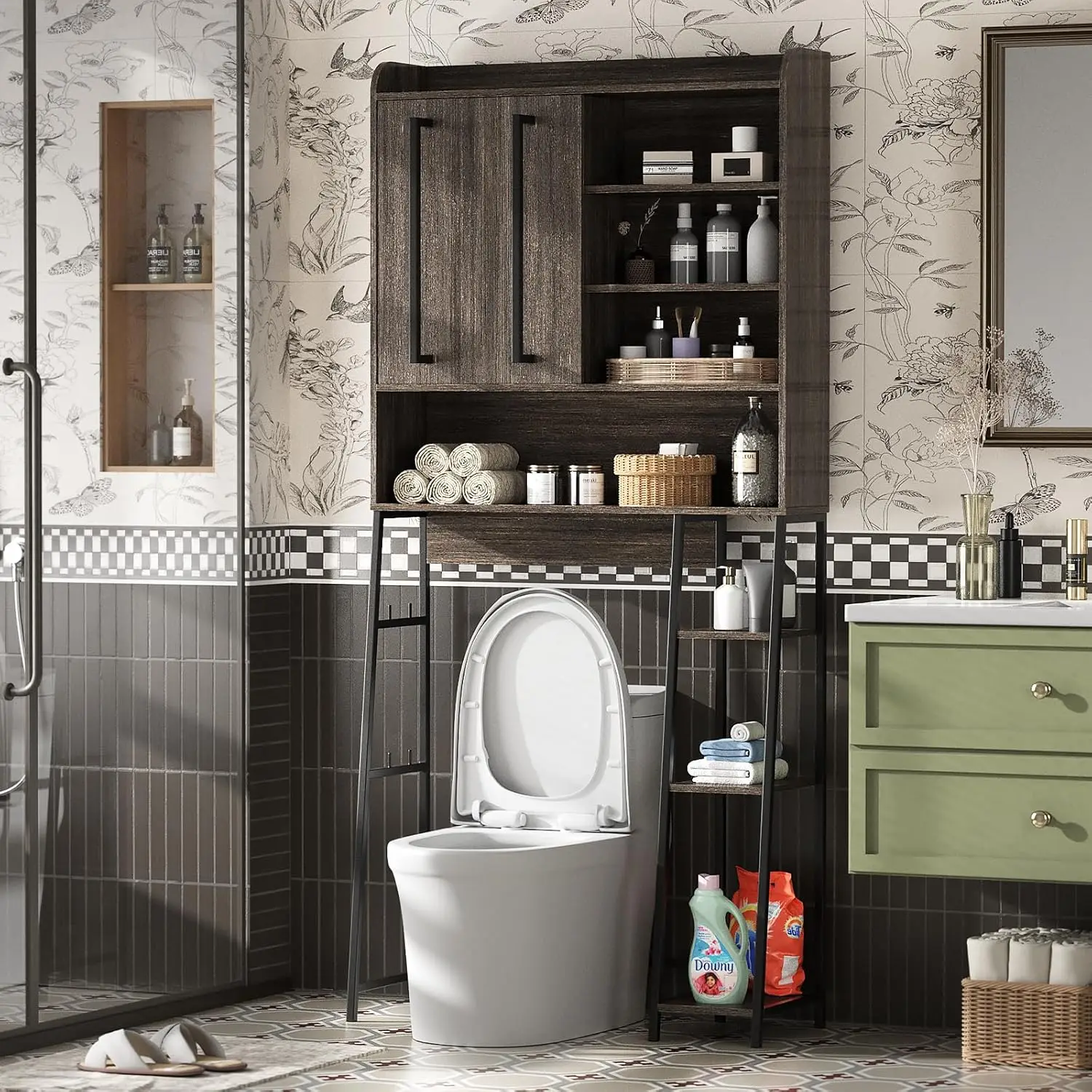 

Over Toilet Storage Cabinet Sliding Door Adjustable Shelves Metal Frame Small Bathroom 31.5"x7.7"x66.9", Customized