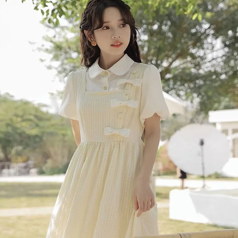 

French Retro Female Summer 2023 New College Style Sweet Little Mori First Love Dress Fake Two Pieces