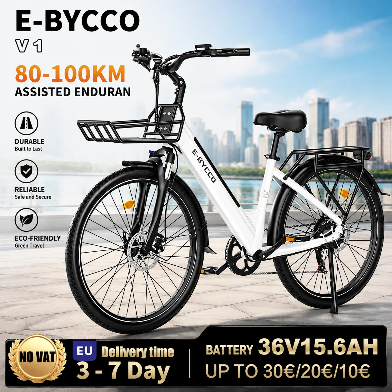 EBYCCO V1 Bicicletta elettrica da montagna 36V 15.6Ah Batteria rimovibile Pneumatici fuoristrada da 28 pollici Sospensione anteriore Bicicletta elettrica in lega di alluminio con cestino per viaggi in