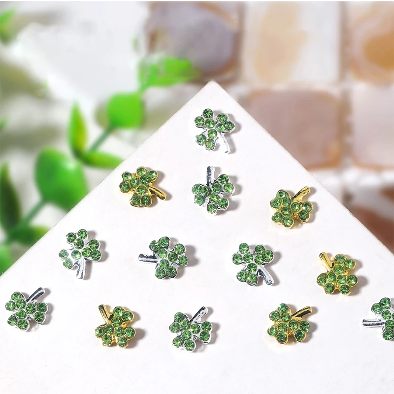 5pcs Alloy Lucky Grass Shamrock Nail Charms Parts Clover Jewelry Accessories Manicure Rhinestones Nails Decoration Supplies Tool