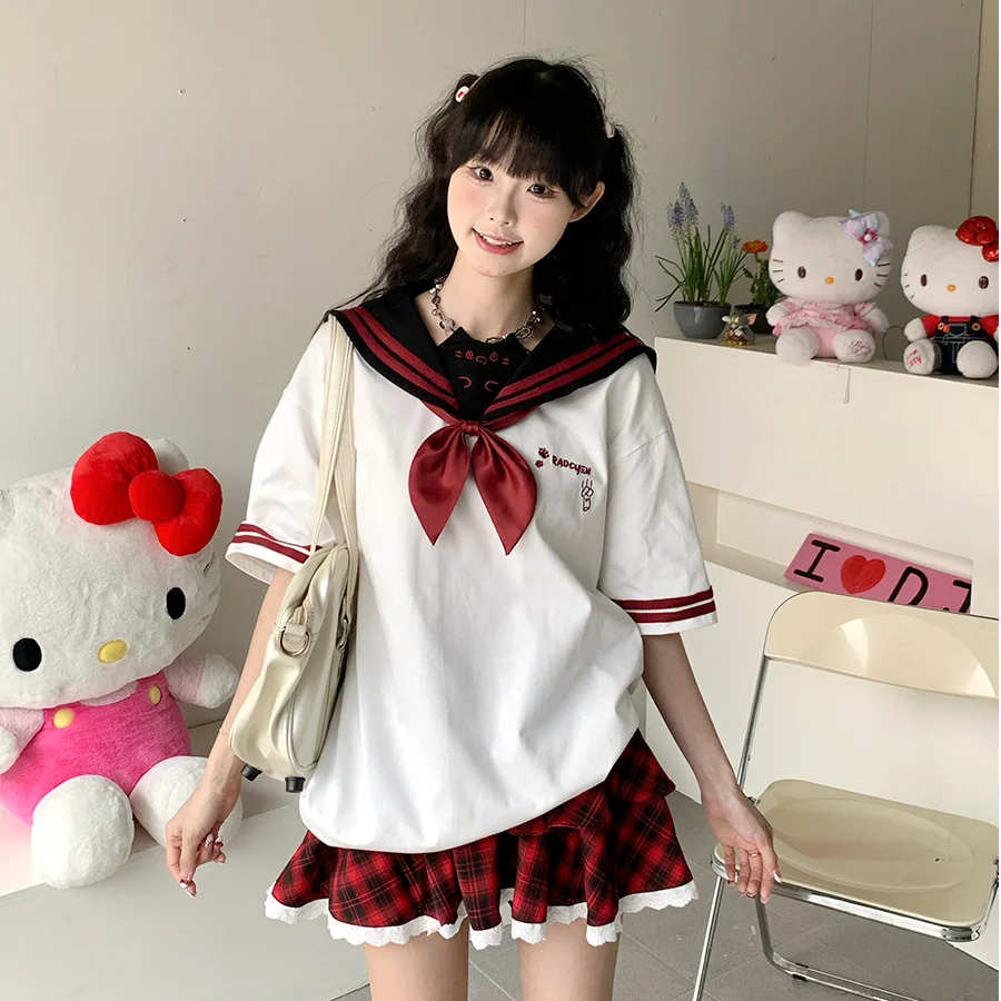 

Japan 2026 New Navy Collar Bow Short-Sleeved T-Shirt Women'S Summer Loose And Versatile Girly College Style T-Shirt Top