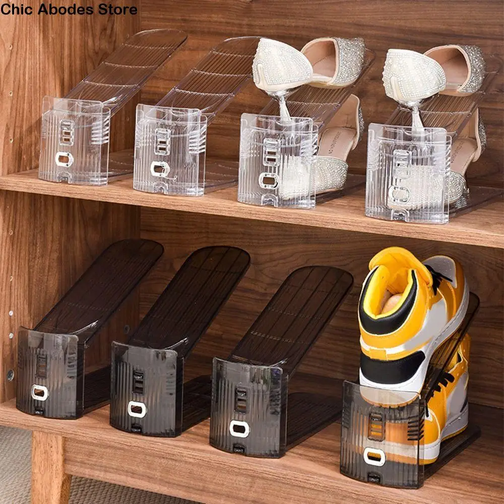 

2Pcs Transparent Double Layer Shoe Rack Adjustable Heights Anti-slip Shoes Storage Rack Space Saving Plastic Shoe Holder