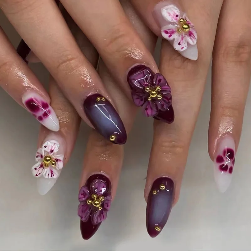 

24pcs Medium Almond Press-On Nails - 3D Peach Blossom & Cat Paw Design With Lavender Ombré Ethereal Elegance (Multi-Size Fit)